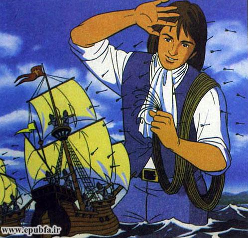 سربازها تیر و کمانهای خود را به دست گرفتند و بهطرف گالیور تیراندازی کردند